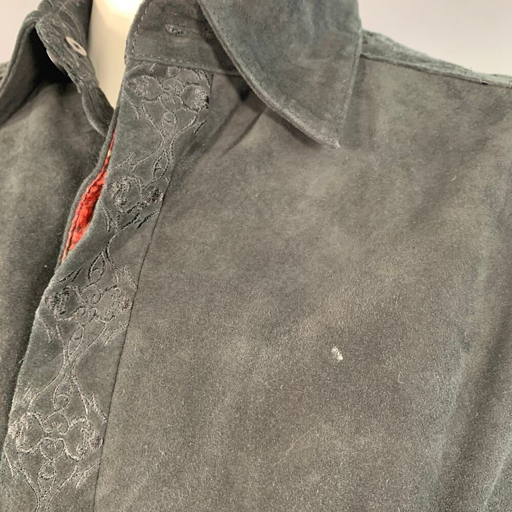 ROBERT GRAHAM Size L Black Embroidery Suede Contrast Trim Long Sleeve Shirt - Picture 5 of 8